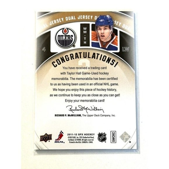 2011-12 SPx TAYLOR HALL Winning Materials 2 Colors DUAL 2 Game Jersey ~ OILERS - Picture 2 of 2